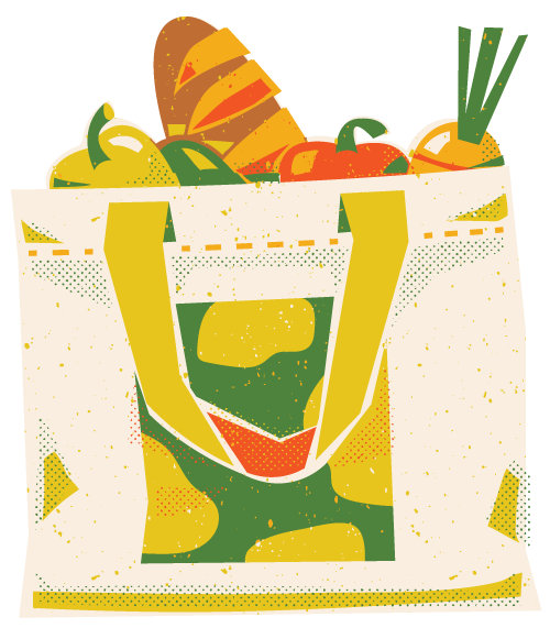 Graphic of a reusable bag of fruits and vegetables.
